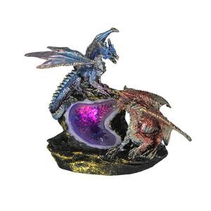 Blue and Burgundy Battle Dragons Gothic Color Changing LED Geode Statue